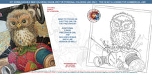 Load image into Gallery viewer, Sewing Machine Owls: downloadable printable 2-page PDF for coloring with bonus design