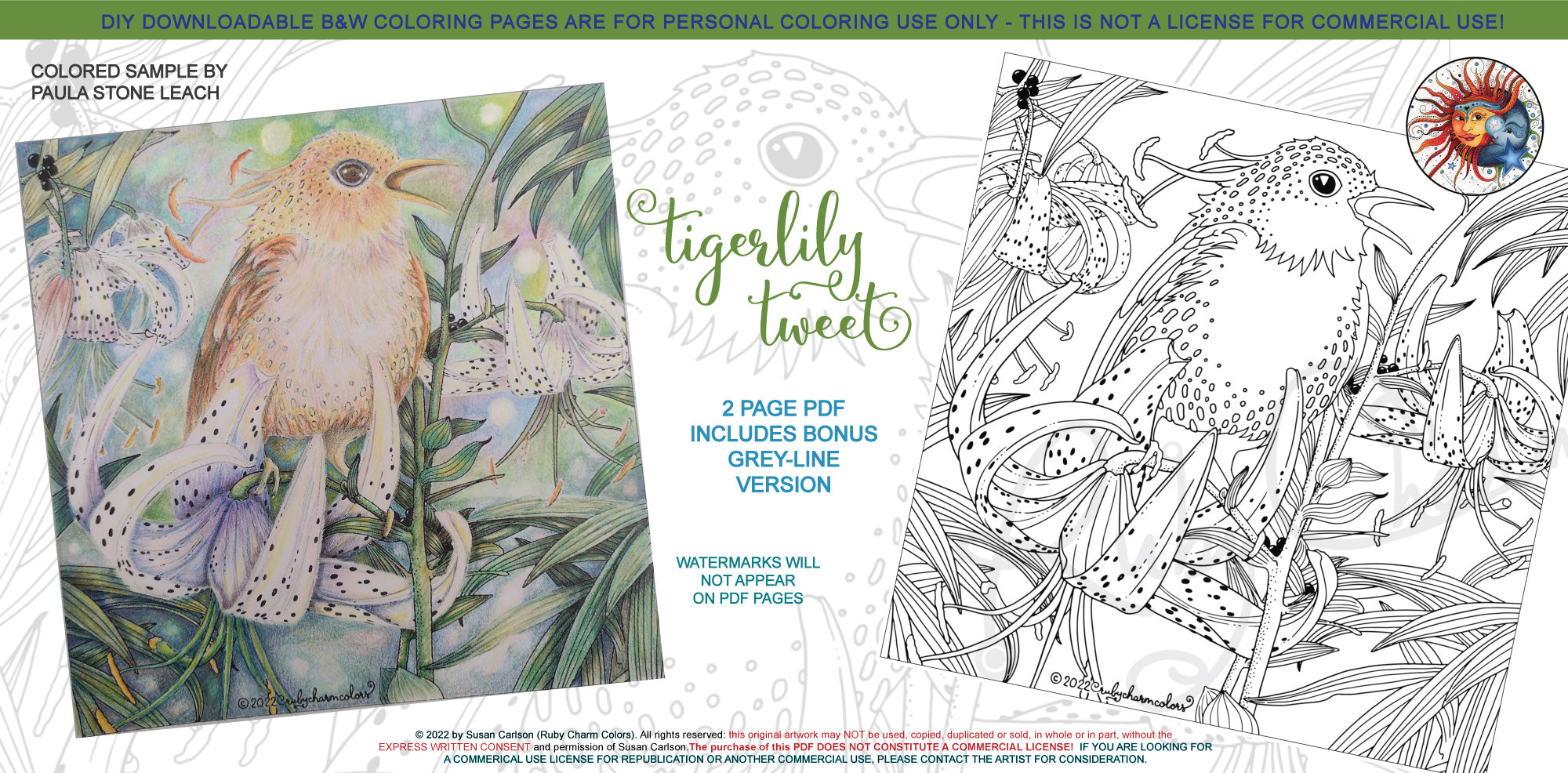 Tigerlily Tweet: downloadable printable 2-page PDF for coloring –  RubyCharmColors, image size:2000x986