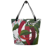 Load image into Gallery viewer, "Garden Goods" Peppers All-Over Print 16 x 20" Tote with Inside Pocket by Ruby Charm Colors