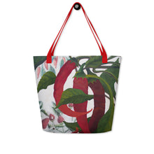 Load image into Gallery viewer, "Garden Goods" Peppers All-Over Print 16 x 20" Tote with Inside Pocket by Ruby Charm Colors