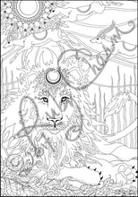 Load image into Gallery viewer, Lion with gazelles: downloadable printable 2-page PDF for coloring