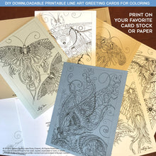 Load image into Gallery viewer, Butterflies and Moths: DIY downloadable printable cards (8 designs - 16 page PDF) for coloring