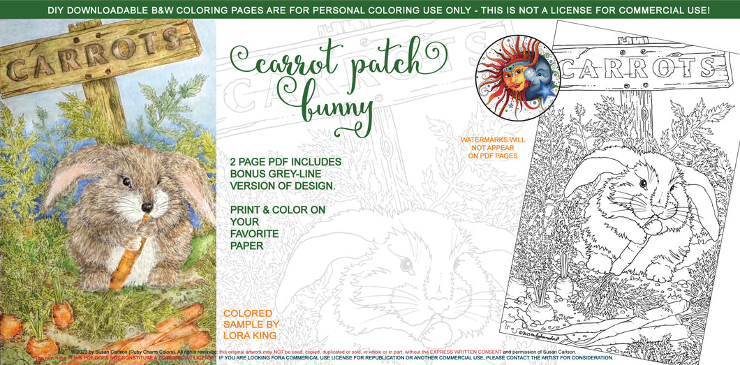 Carrot Patch Bunny: downloadable printable 2-page PDF for coloring