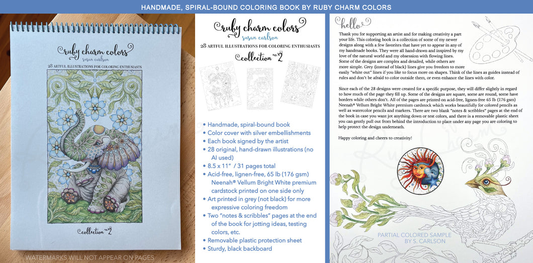 Ruby Charm Colors 28 Artful Illustrations for Coloring Enthusiasts - Collection 2, handmade, spiral bound, heavy paper adult coloring book