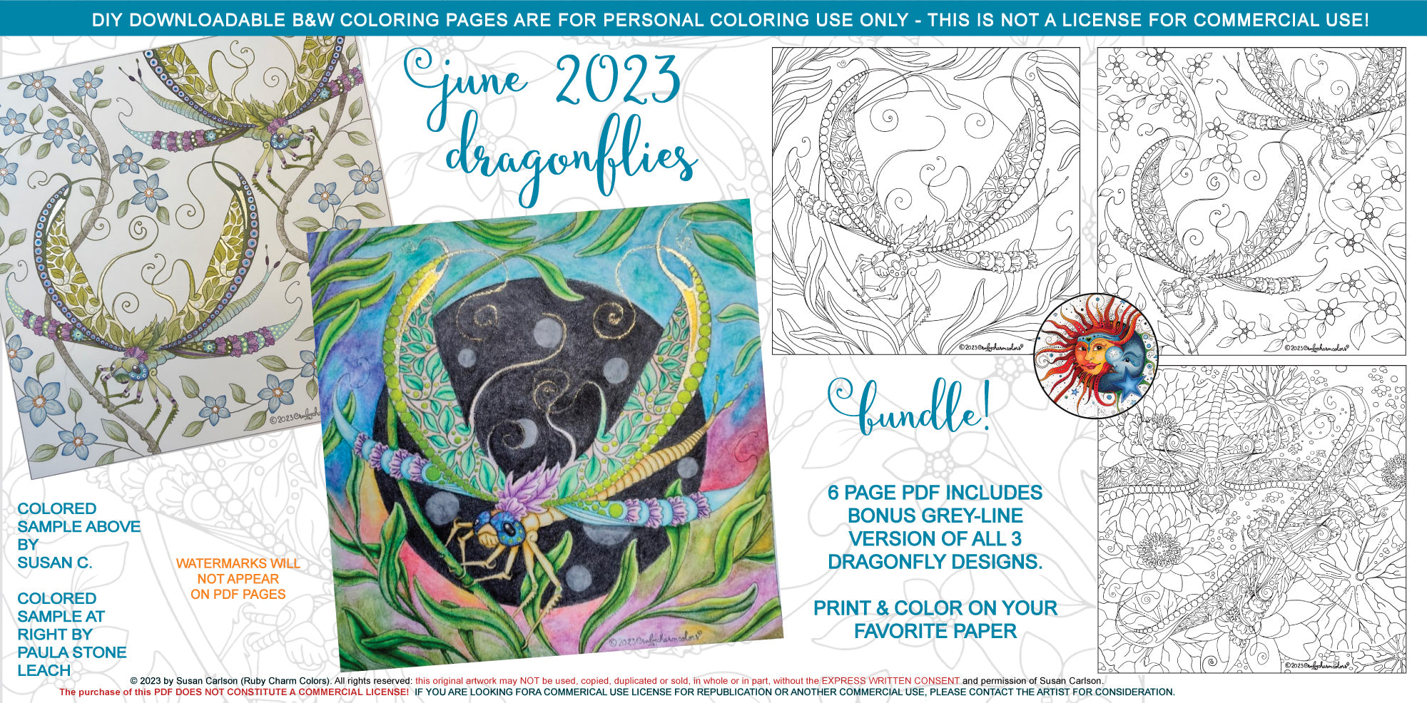 June 2023 Dragonflies: downloadable printable 6-page PDF for coloring ...