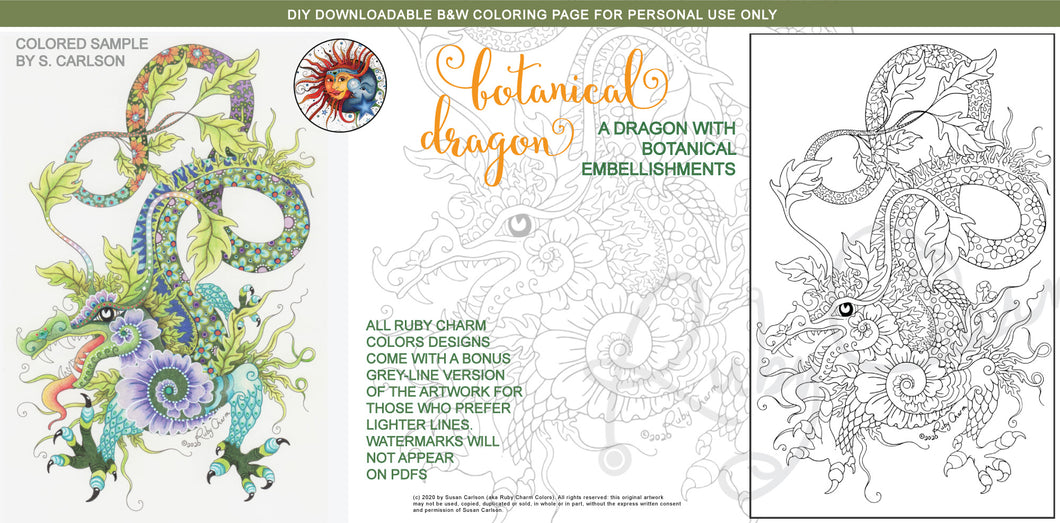 Botanical Dragon: downloadable printable 2-page PDF for coloring