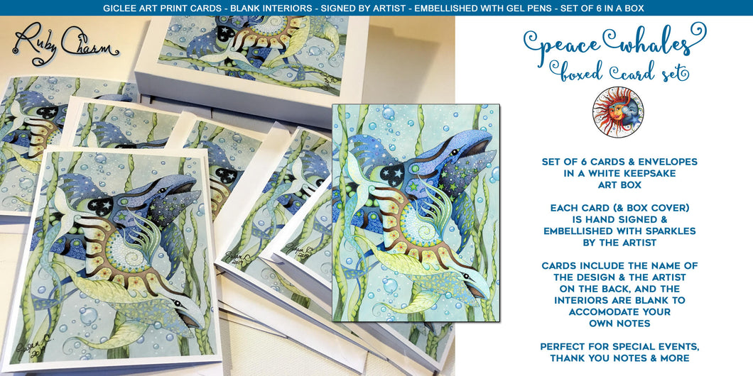 Set of 6 giclee, artist-signed greeting cards w/envelopes: Peace Whales