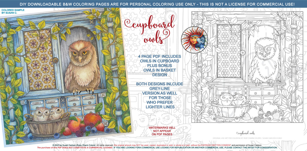 Cupboard Owls: downloadable printable 4-page PDF for coloring with bonus design