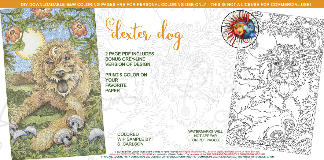 Dexter Dog: downloadable printable 2-page PDF for coloring