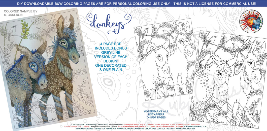 Donkeys: downloadable printable 4-page PDF for coloring