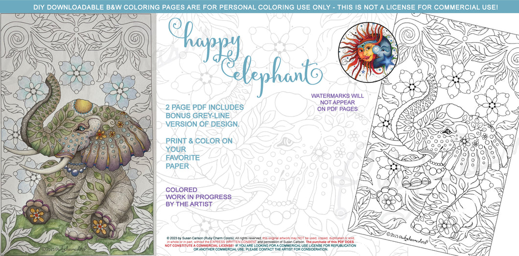 Happy Elephant: downloadable printable 2-page PDF for coloring