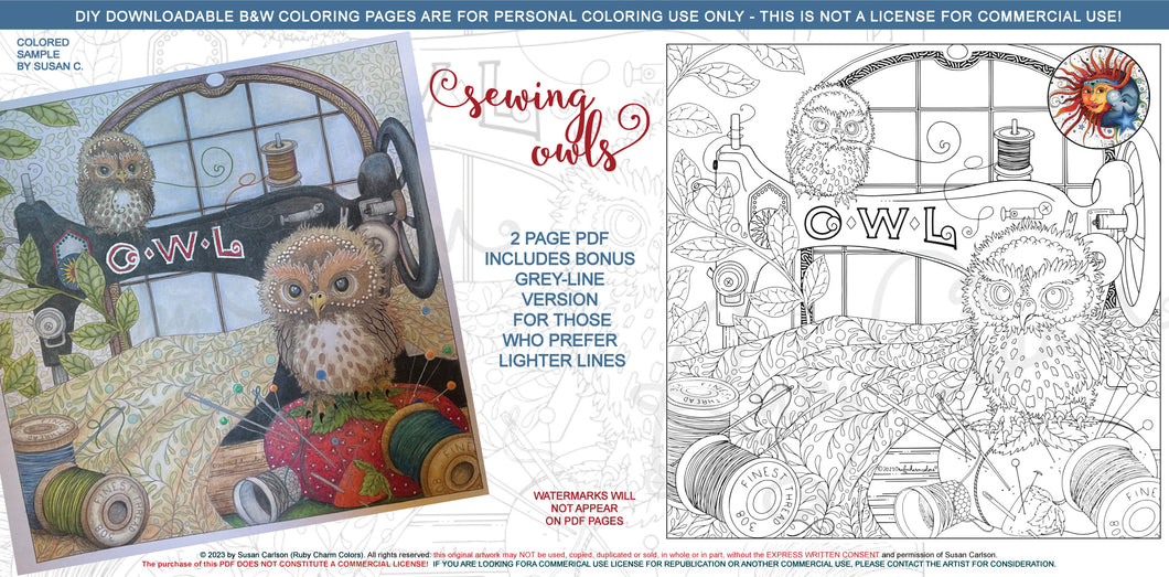 Sewing Machine Owls: downloadable printable 2-page PDF for coloring with bonus design