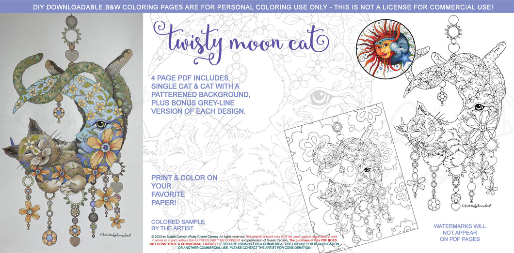 Twisty Moon Cat: downloadable printable 4-page PDF for coloring