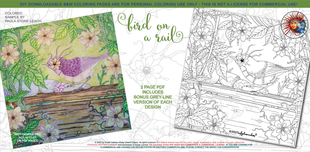 Bird on a Rail: downloadable printable 2-page PDF for coloring