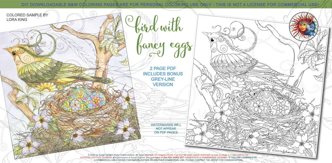 Bird with Fancy Eggs: downloadable printable 2-page PDF for coloring