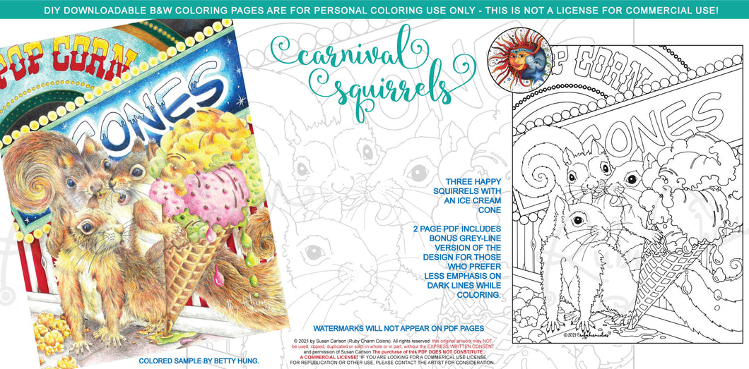 Carnival Squirrels: downloadable printable 2-page PDF for coloring