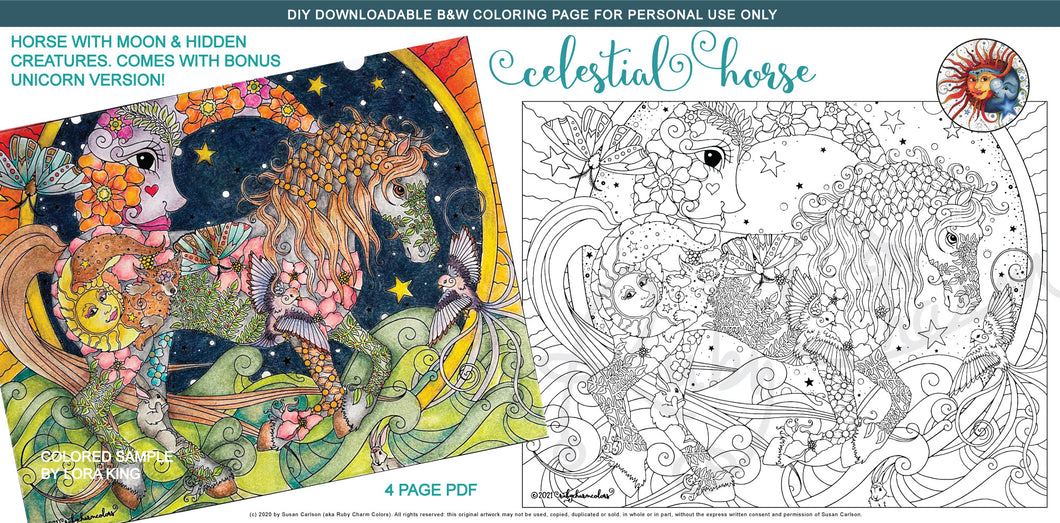 Celestial Horse & Unicorn: Downloadable printable 4-page PDF for coloring
