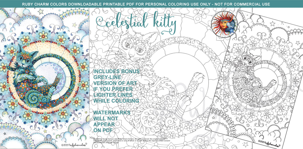 Celestial Kitty: downloadable printable 2-page PDF for coloring