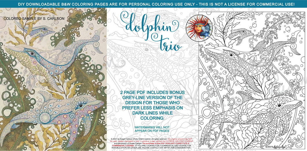 Dolphin Trio: downloadable printable 2-page PDF for coloring