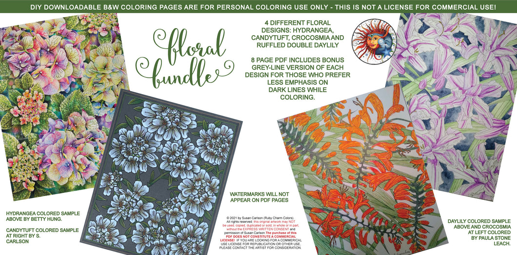 Flora Bundle One: 4 designs, downloadable printable 8-page PDF for coloring