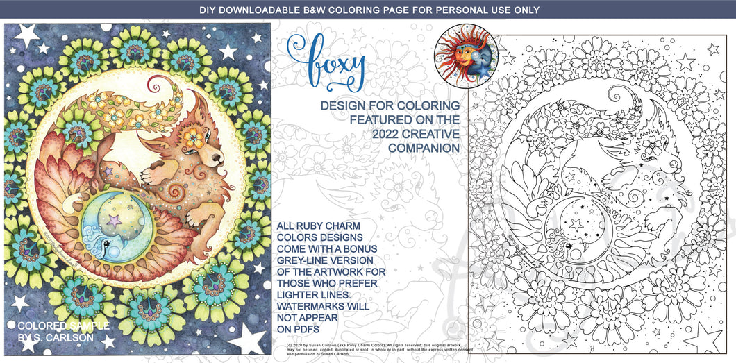 Foxy: downloadable printable 2-page PDF for coloring