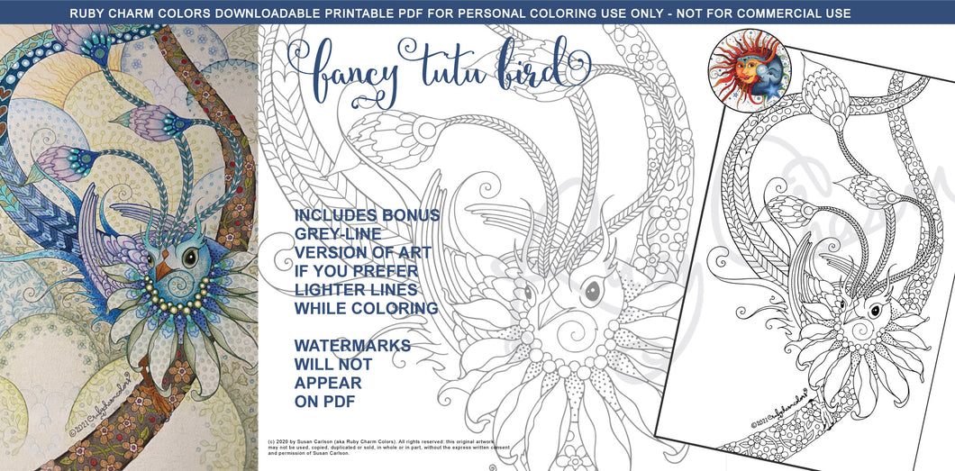 Tutu Bird: downloadable printable 2-page PDF for coloring