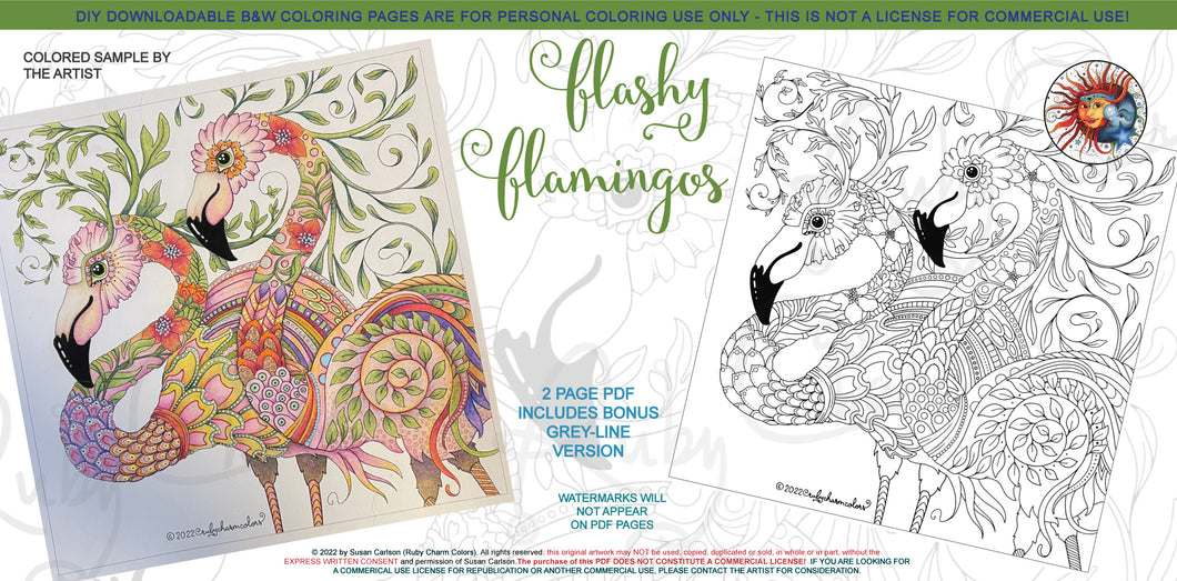 Flashy Flamingos: downloadable printable 2-page PDF for coloring