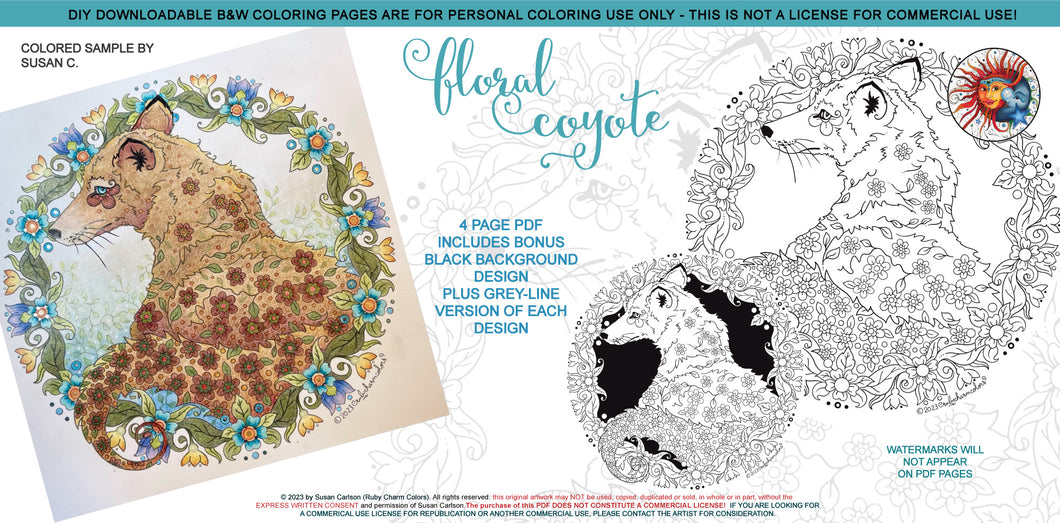 Floral Coyote: downloadable printable 4-page PDF for coloring