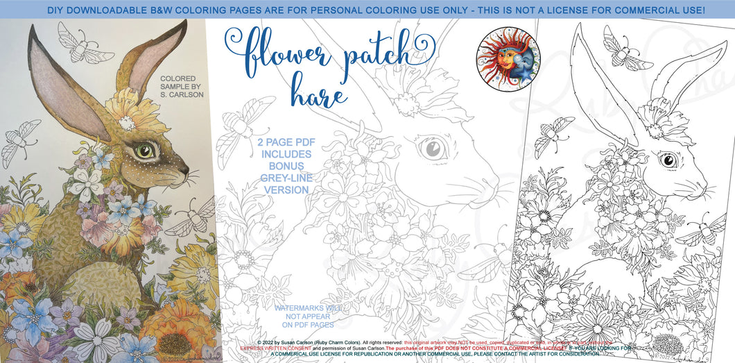 Flower Patch Hare: downloadable printable 2-page PDF for coloring