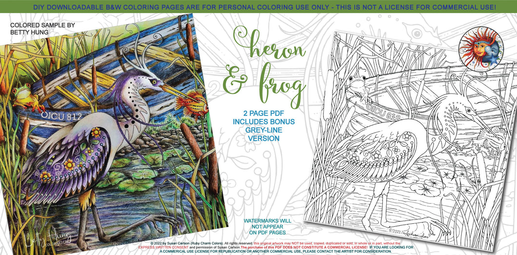 Heron & Frog: downloadable printable 2-page PDF for coloring