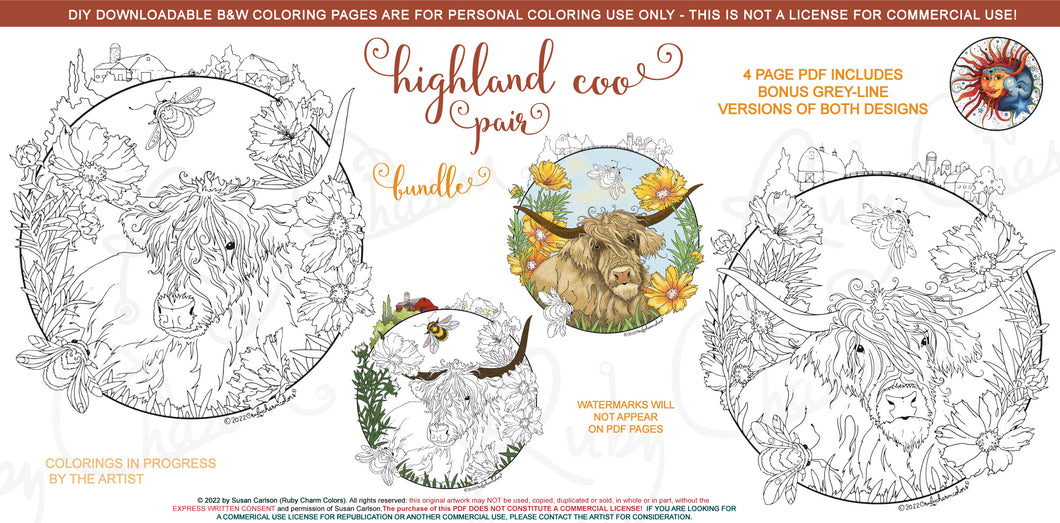 Highland Coo: downloadable printable 4-page PDF for coloring