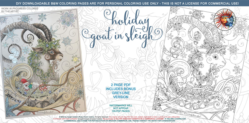 Holiday Goat in Sleigh: downloadable printable 2-page PDF for coloring