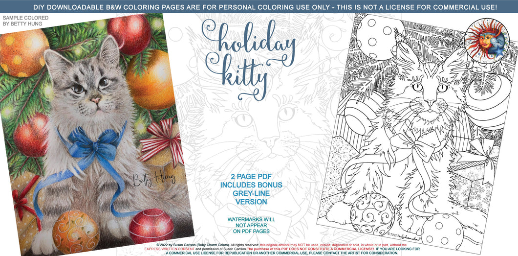 Holiday Kitty: downloadable printable 2-page PDF for coloring