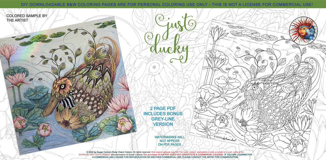 Just Ducky: downloadable printable 2-page PDF for coloring