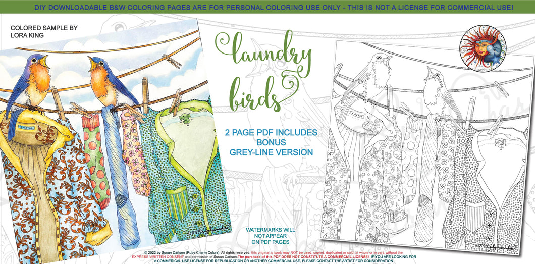 Laundry Birds: downloadable printable 2-page PDF for coloring