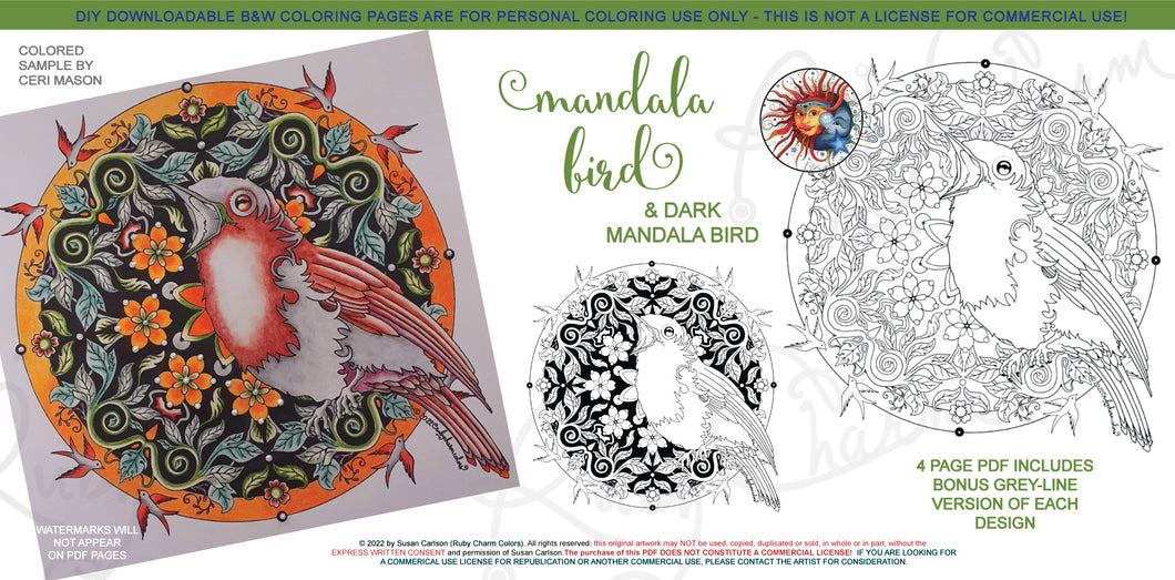 Mandala Bird & Dark Mandala Bird: downloadable printable 4-page PDF for coloring