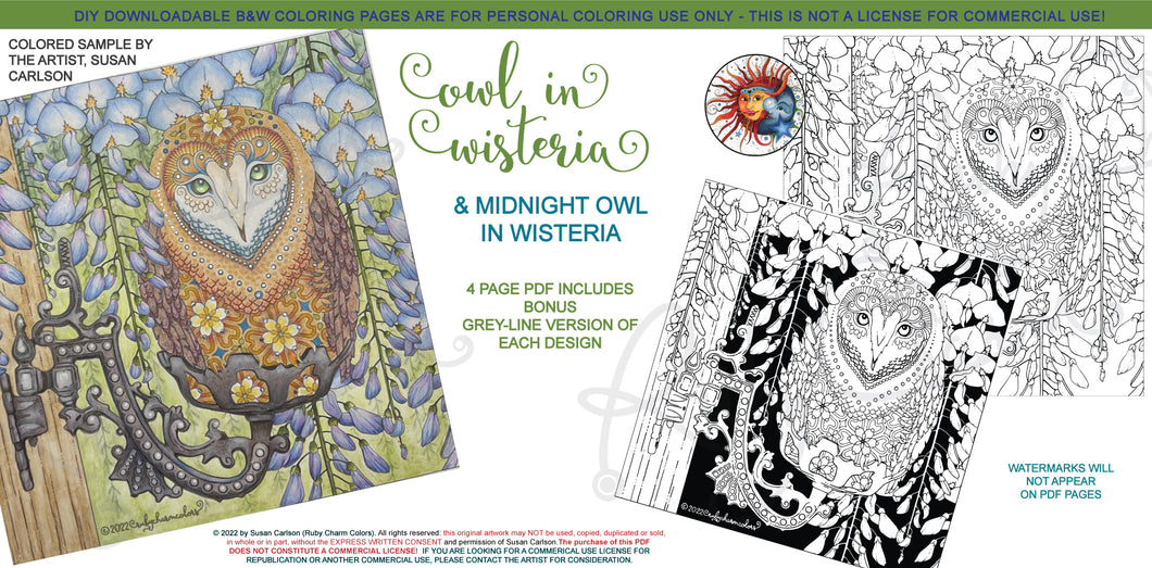 Owl in Wisteria: downloadable printable 4-page PDF for coloring