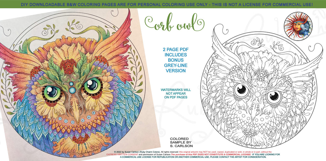 Owl Orb: downloadable printable 2-page PDF for coloring