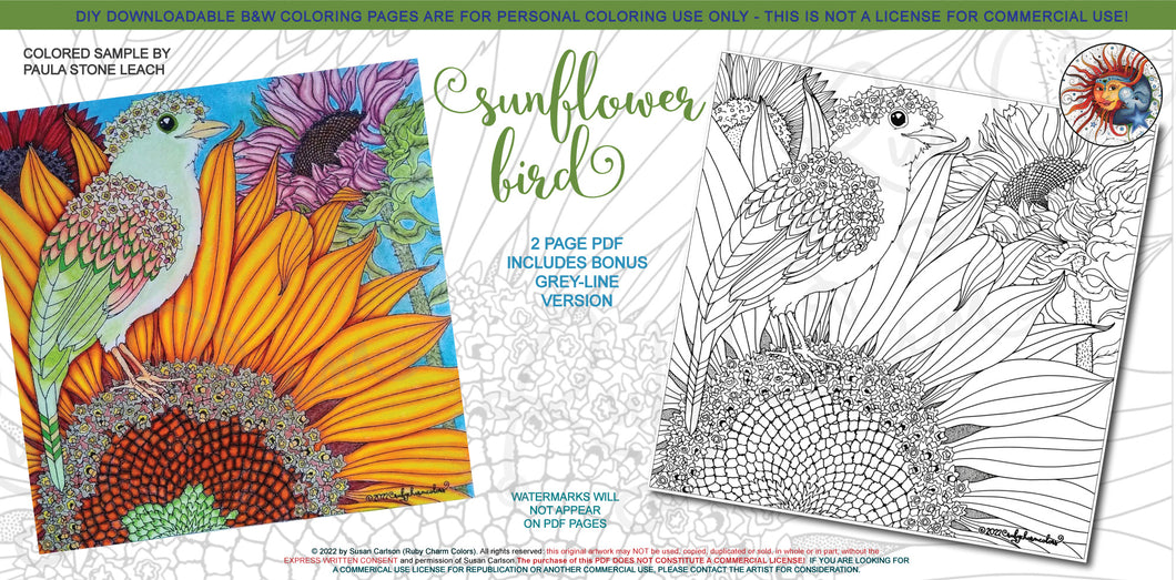 Sunflower Bird: downloadable printable 2-page PDF for coloring