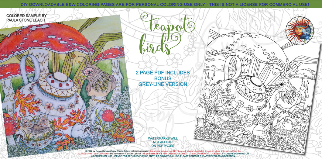 Teapot Birds: downloadable printable 2-page PDF for coloring