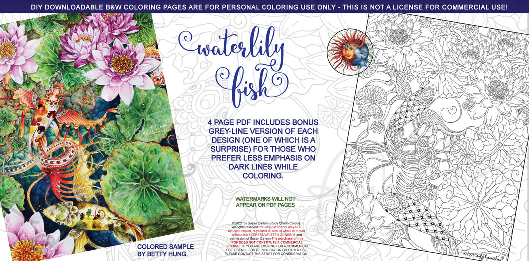 Waterlily Fish: downloadable printable 4-page PDF for coloring