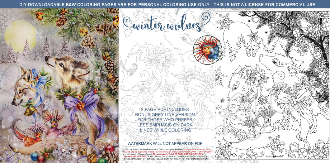 Winter Wolves: downloadable printable 2-page PDF for coloring