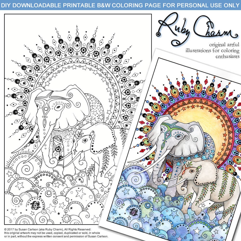 Elephants: downloadable printable 2-page PDF for coloring