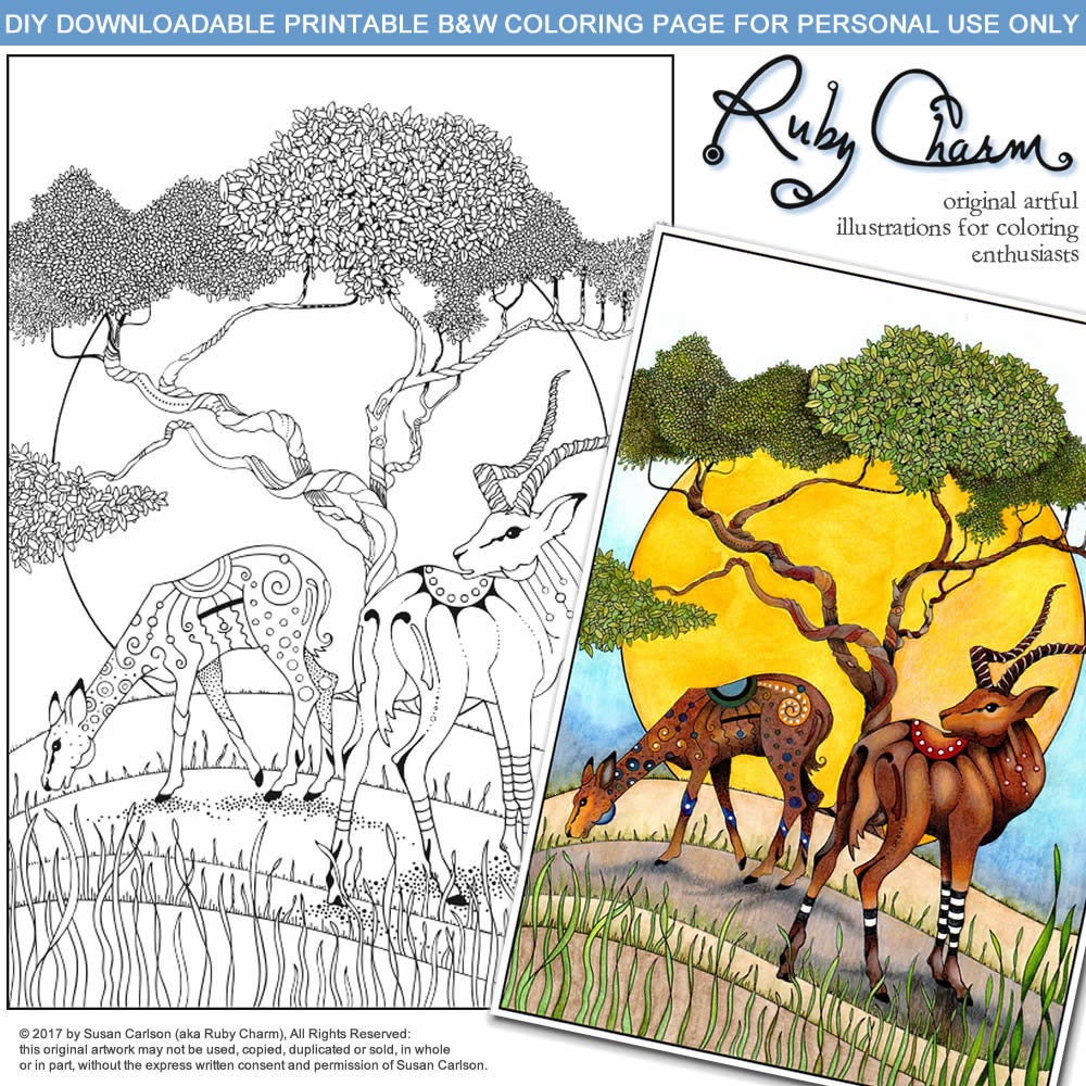 Two Gazelles: downloadable printable 2-page PDF for coloring