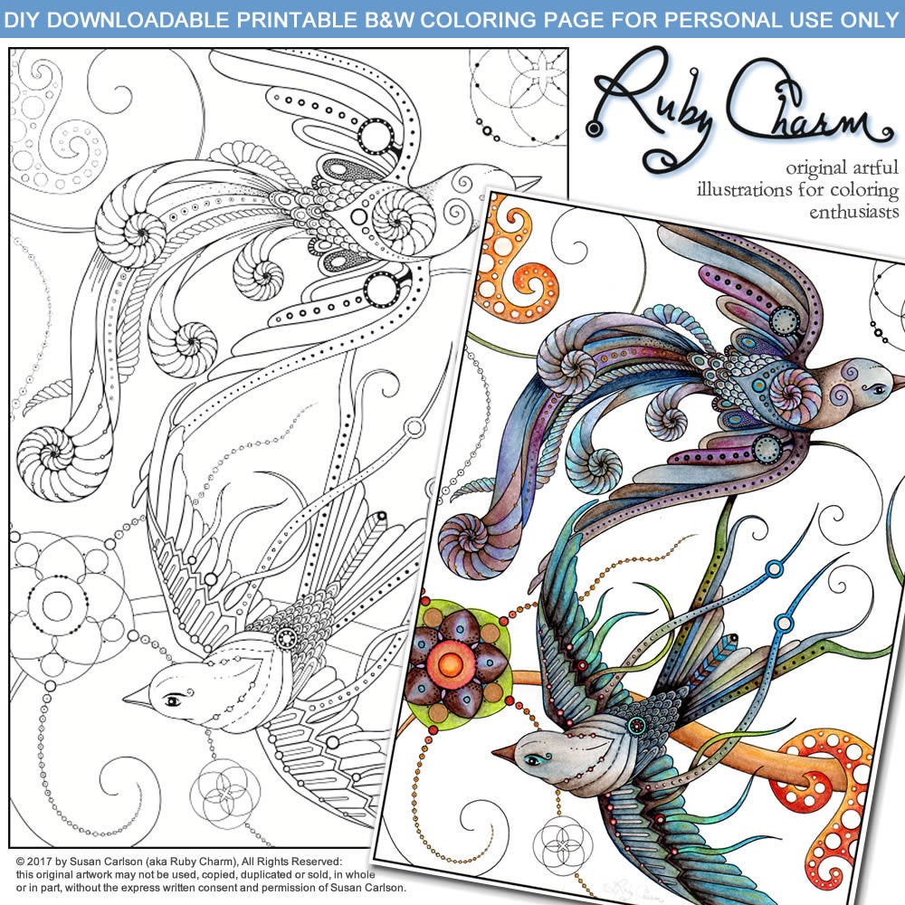 Swirling Birds: downloadable printable 2-page PDF for coloring