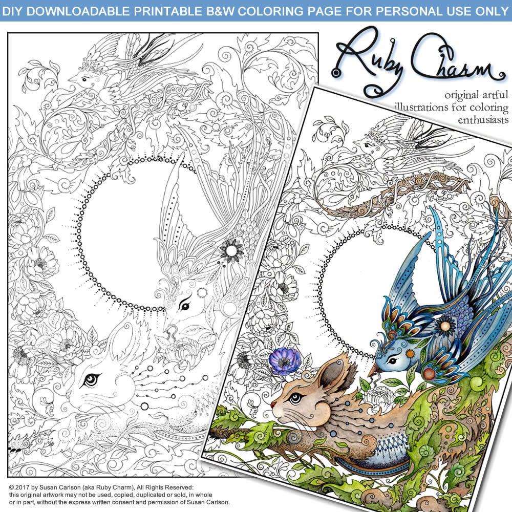 Cat with Birds: downloadable printable 2-page PDF for coloring