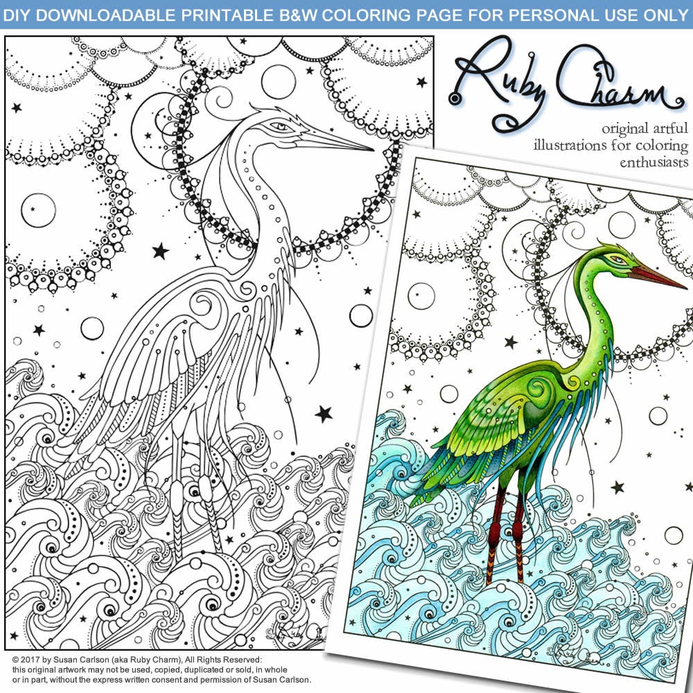 Heron in Waves: downloadable printable 2-page PDF for coloring