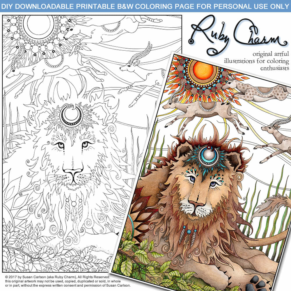 Lion with gazelles: downloadable printable 2-page PDF for coloring