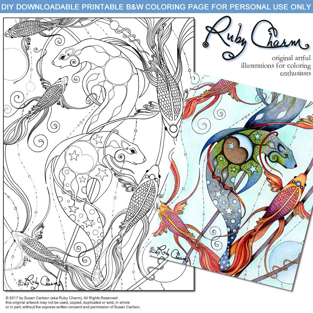SEA LIONS & FISH: downloadable printable 2-page PDF for coloring