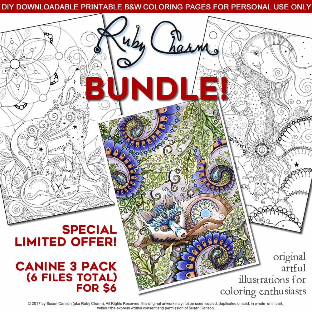 Canine Bundle: downloadable printable 6-page PDF for coloring